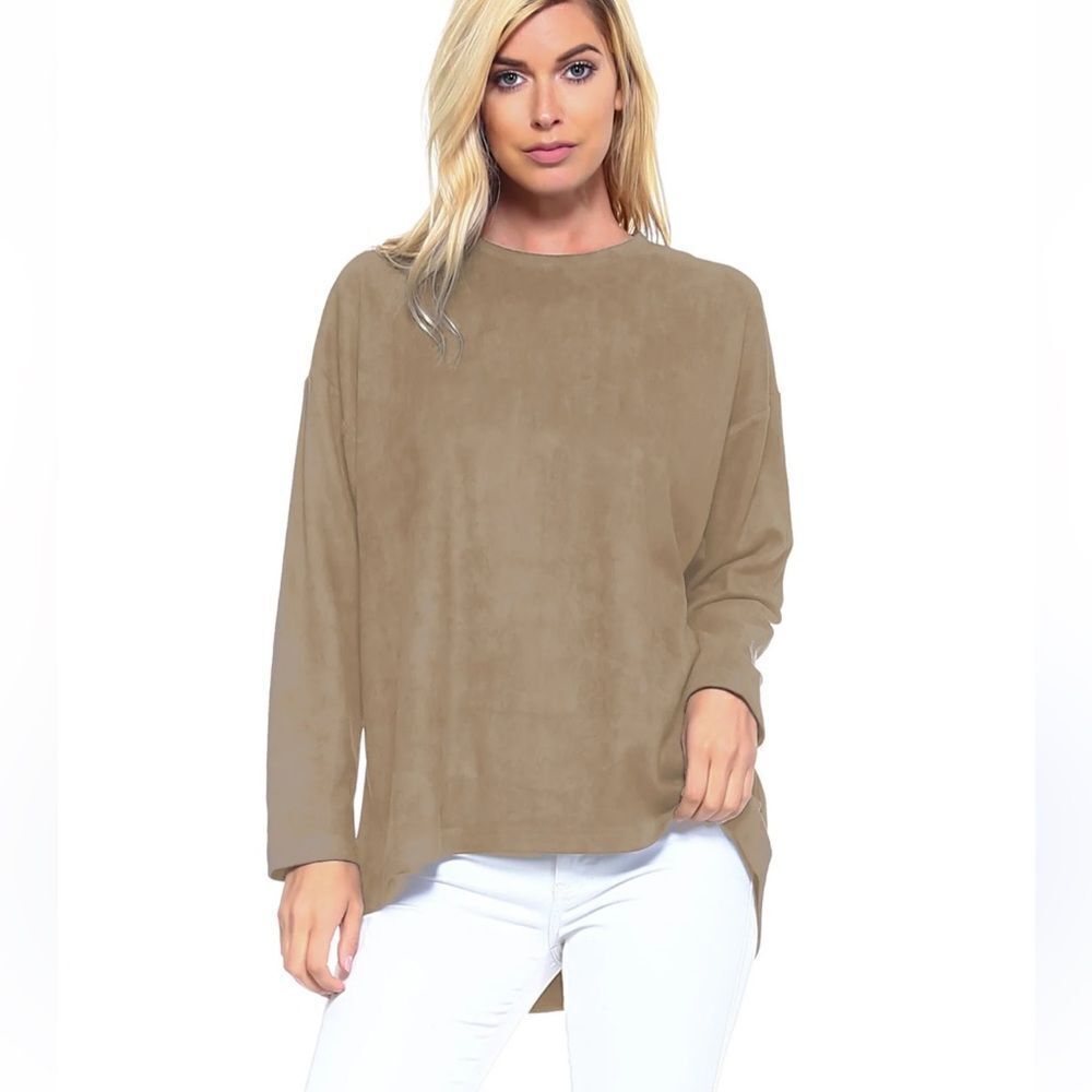 Joh ADI Oversized Crew Neck Khaki Top Size Large Faux Suede Boutique